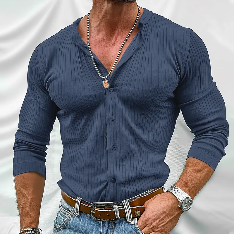 BACKWOODS | Men's Solid Color Striped Round Neck Long Sleeve Shirt