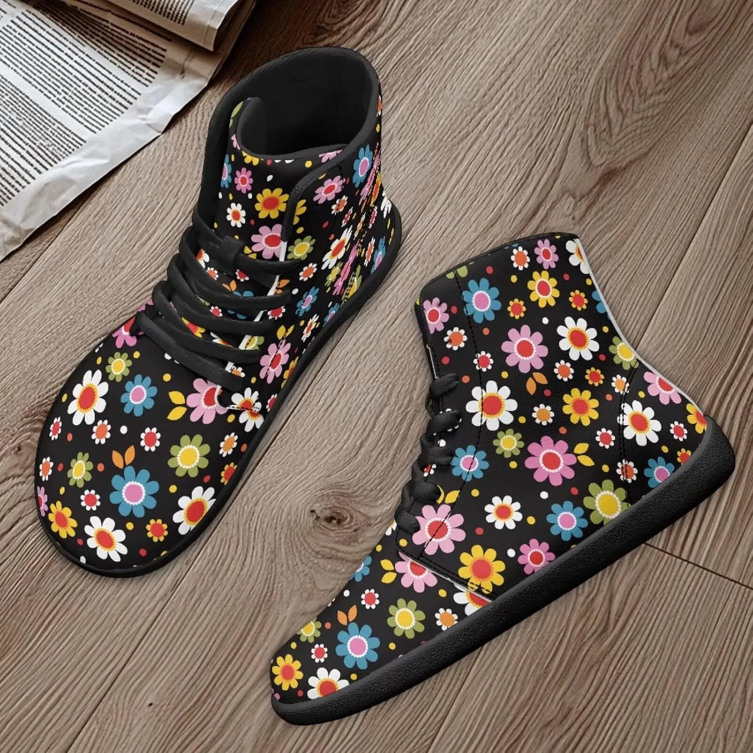 Binienty Wide Width Barefoot Shoes Men Women PU High Top Lace-up Cross-Trainer Sneakers Non Slip Flats