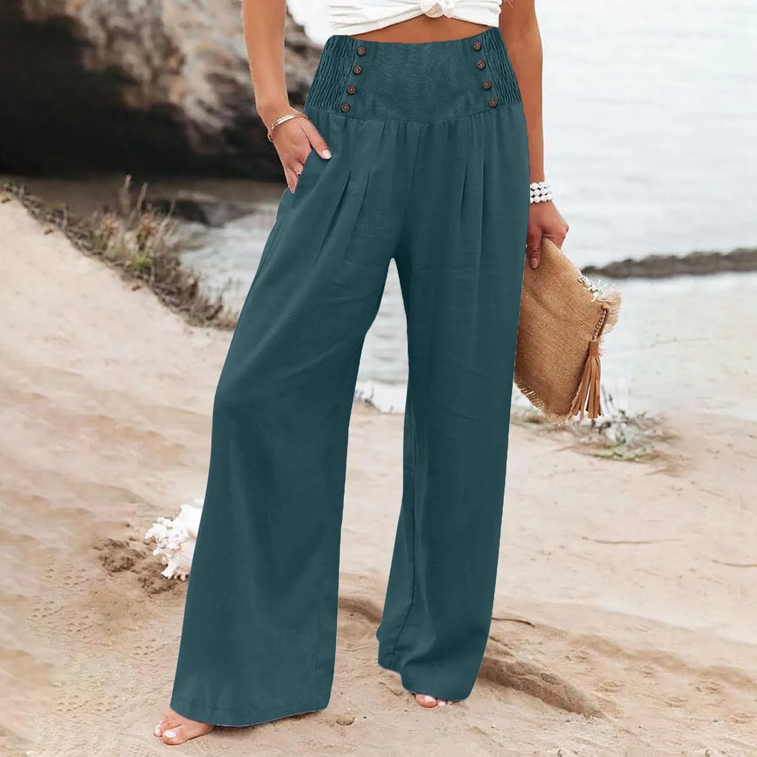 Business Casual Pants for Women, Cotton Linen Blend Wide Leg High Waisted Trouser, Breathable Flattering Fit Pants