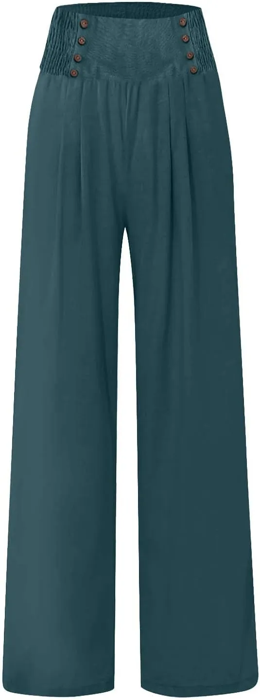 Business Casual Pants for Women, Cotton Linen Blend Wide Leg High Waisted Trouser, Breathable Flattering Fit Pants
