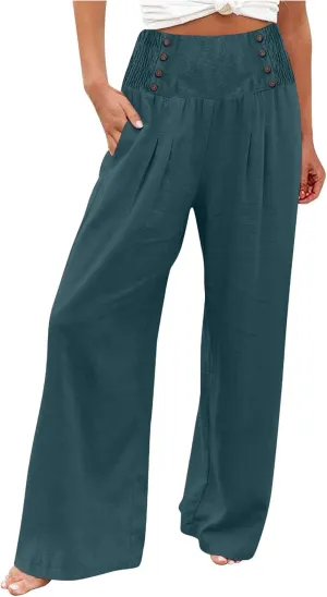 Business Casual Pants for Women, Cotton Linen Blend Wide Leg High Waisted Trouser, Breathable Flattering Fit Pants