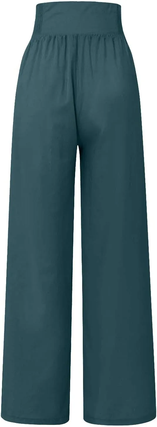 Business Casual Pants for Women, Cotton Linen Blend Wide Leg High Waisted Trouser, Breathable Flattering Fit Pants