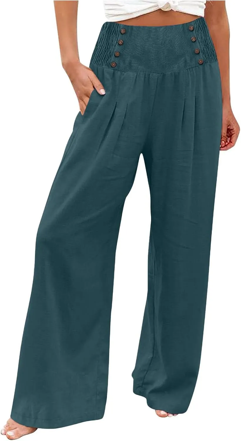 Business Casual Pants for Women, Cotton Linen Blend Wide Leg High Waisted Trouser, Breathable Flattering Fit Pants