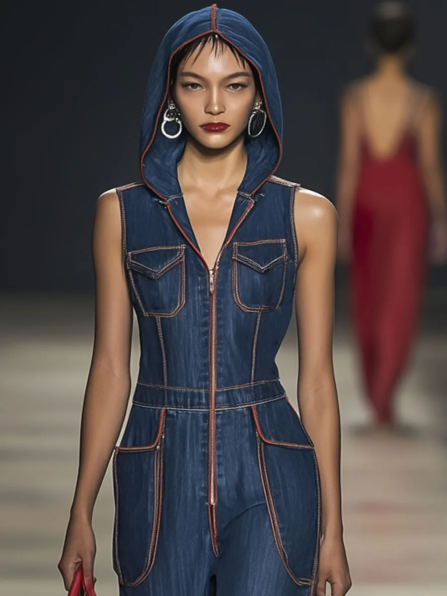 Casual Retro Red Topstitched Sleeveless Hooded Denim Wide Leg Jumpsuit