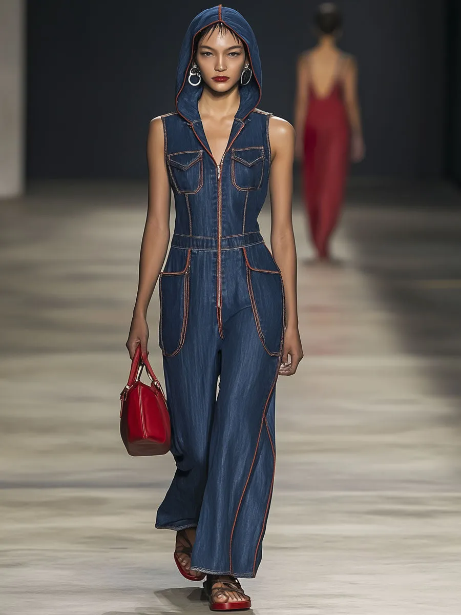 Casual Retro Red Topstitched Sleeveless Hooded Denim Wide Leg Jumpsuit