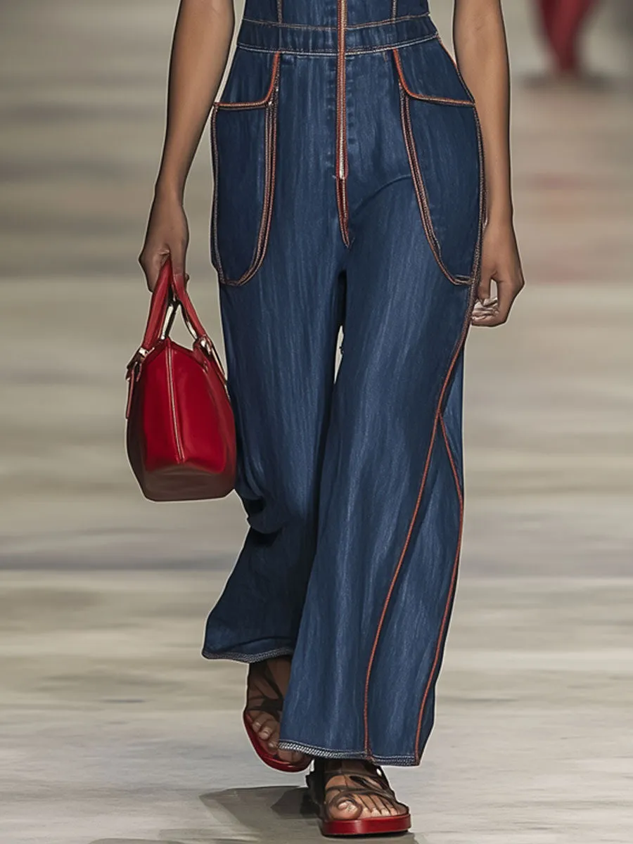 Casual Retro Red Topstitched Sleeveless Hooded Denim Wide Leg Jumpsuit