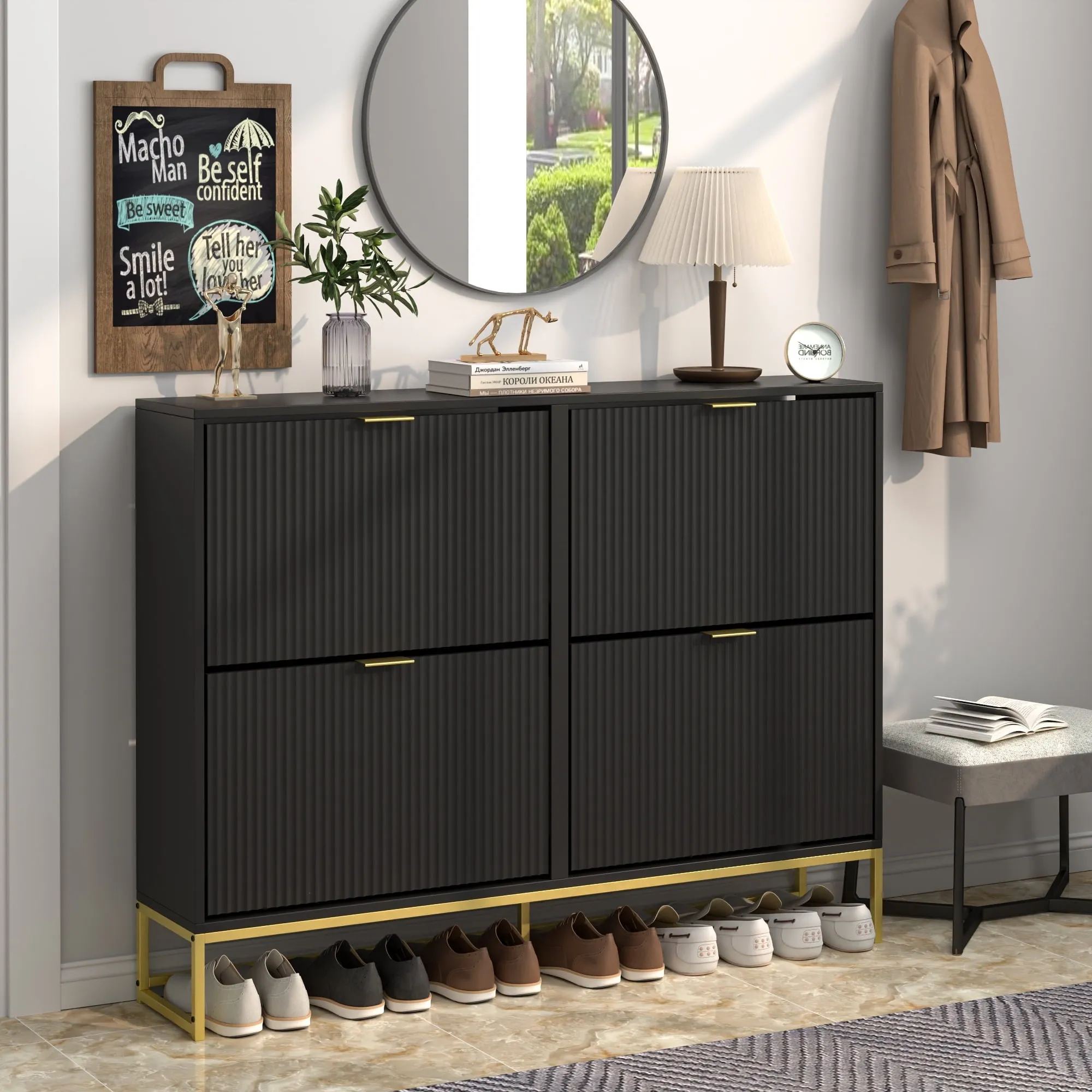 everyday Free Standing Shoe Storage Cabinet with 2 Flip Drawers, Wooden Brown, 39.68 lb