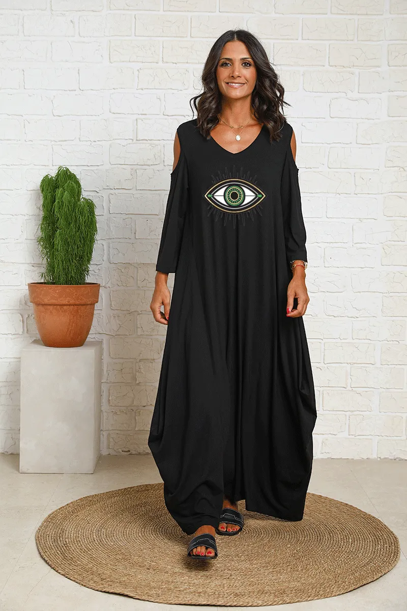 Evil Eye 3/4 Sleeves V-Neck Peek A Boo Sleeves Cotton Dress