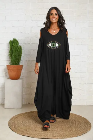 Evil Eye 3/4 Sleeves V-Neck Peek A Boo Sleeves Cotton Dress