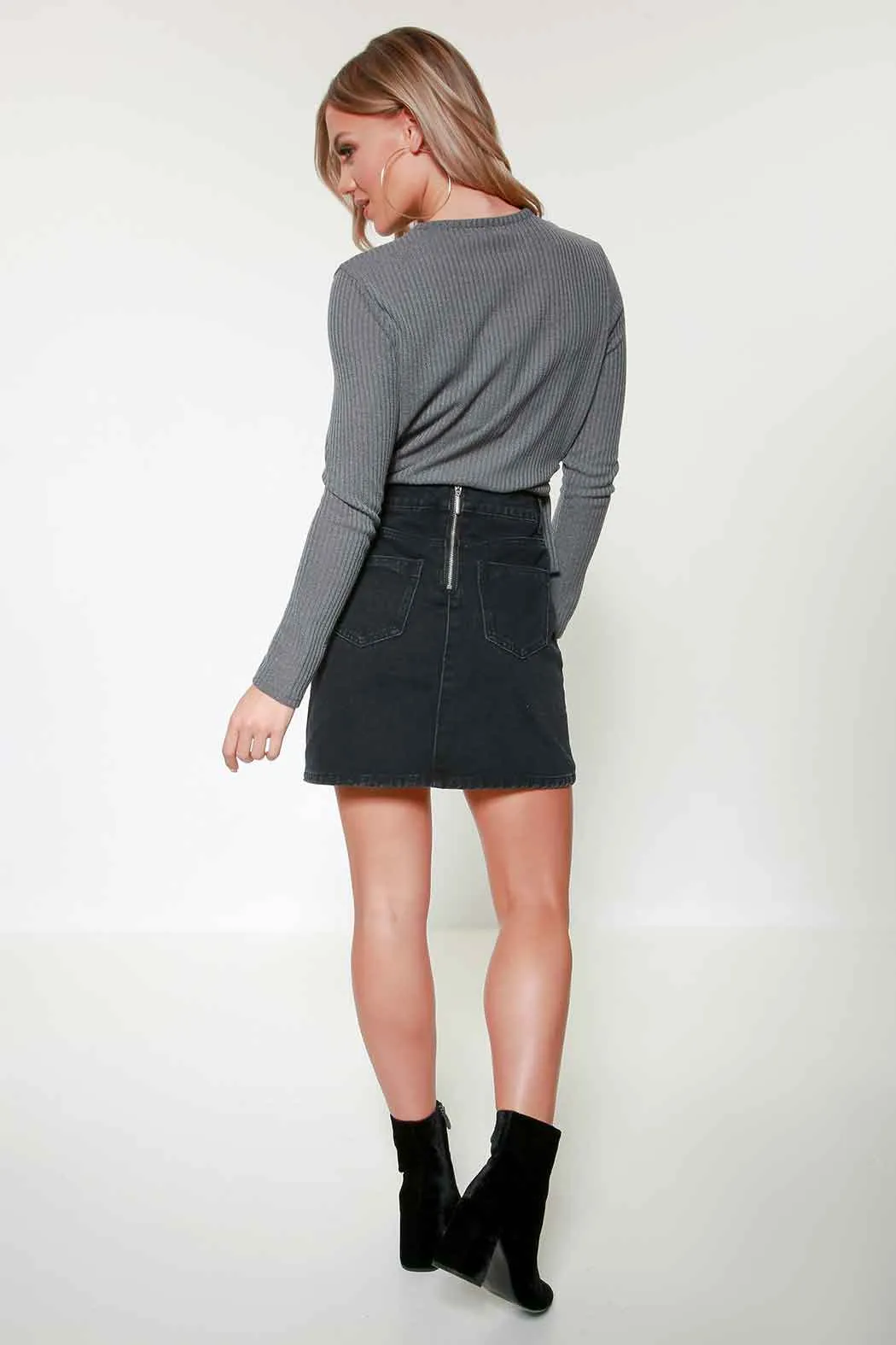 Jane Embroidered Flower Black Denim Mini Skirt