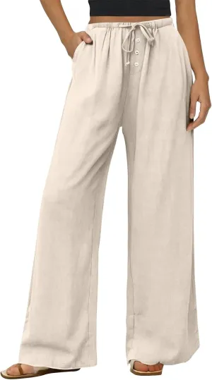 Linen Pants for Women Palazzo Button Down High Waisted Wide Leg Pants Lounge Elastic Summer Solid Clothes Baggy Pocket