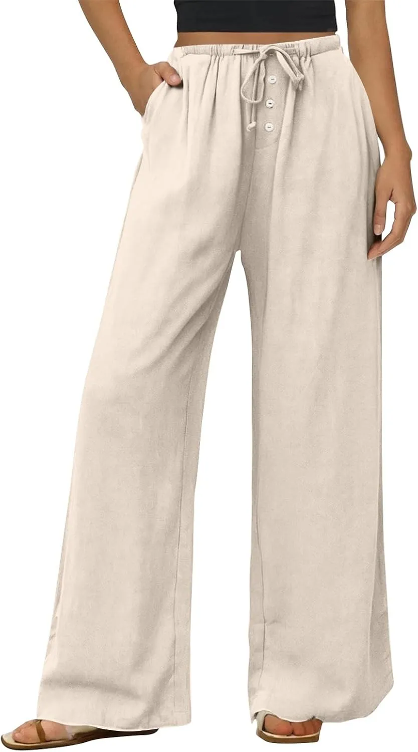 Linen Pants for Women Palazzo Button Down High Waisted Wide Leg Pants Lounge Elastic Summer Solid Clothes Baggy Pocket