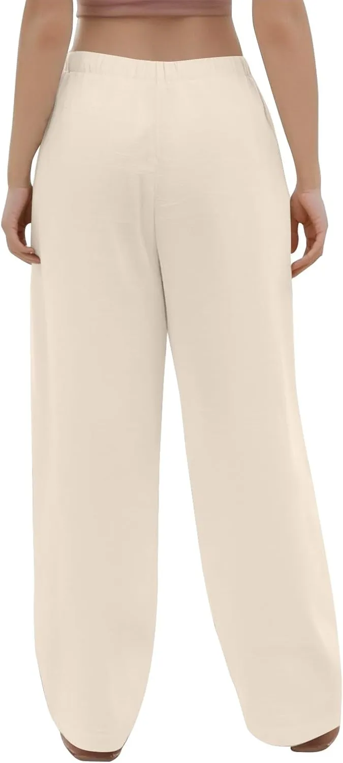 Linen Pants for Women Palazzo Button Down High Waisted Wide Leg Pants Lounge Elastic Summer Solid Clothes Baggy Pocket