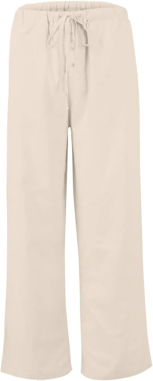 Linen Pants for Women Palazzo Button Down High Waisted Wide Leg Pants Lounge Elastic Summer Solid Clothes Baggy Pocket