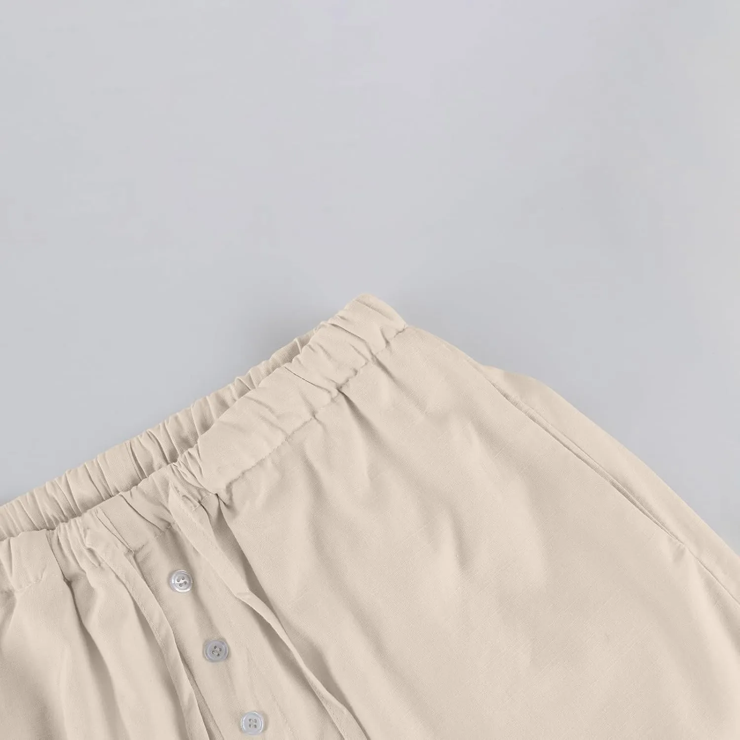 Linen Pants for Women Palazzo Button Down High Waisted Wide Leg Pants Lounge Elastic Summer Solid Clothes Baggy Pocket