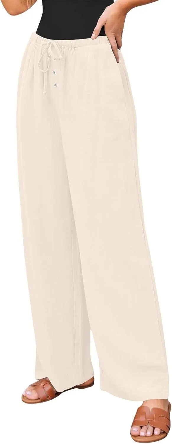Linen Pants for Women Palazzo Button Down High Waisted Wide Leg Pants Lounge Elastic Summer Solid Clothes Baggy Pocket
