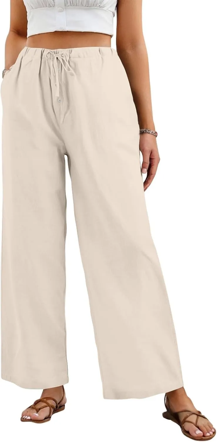 Linen Pants for Women Palazzo Button Down High Waisted Wide Leg Pants Lounge Elastic Summer Solid Clothes Baggy Pocket