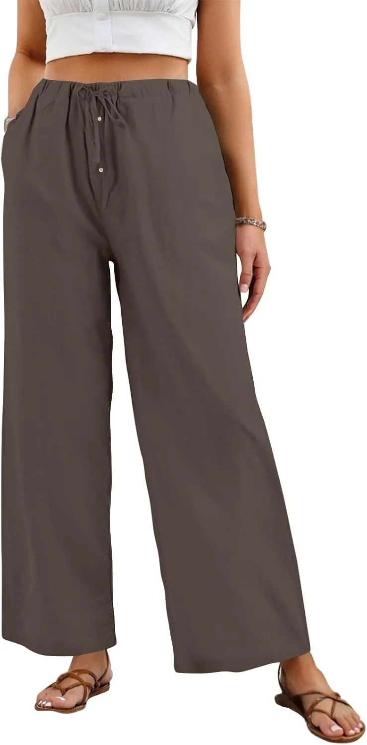 Palazzo Pants for Women Dressy Linen High Waisted Summer Loose Pants Drawstring Button Down Pocket Solid Baggy Trouser