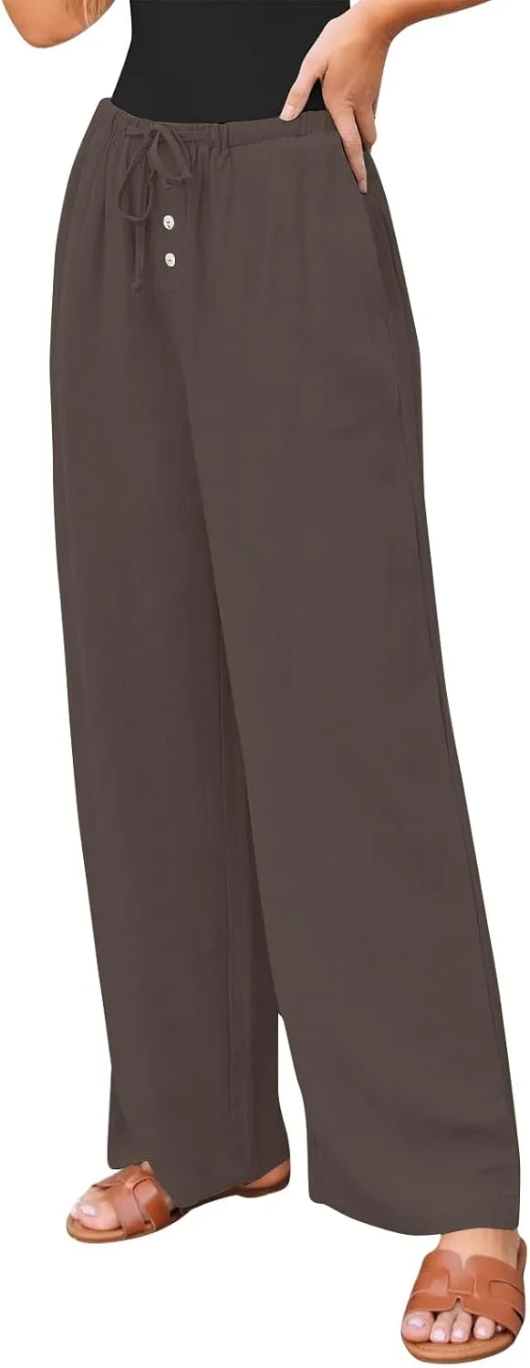 Palazzo Pants for Women Dressy Linen High Waisted Summer Loose Pants Drawstring Button Down Pocket Solid Baggy Trouser