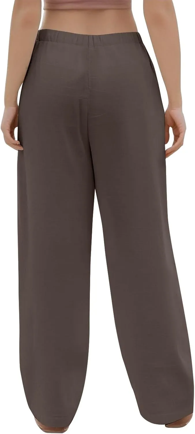 Palazzo Pants for Women Dressy Linen High Waisted Summer Loose Pants Drawstring Button Down Pocket Solid Baggy Trouser