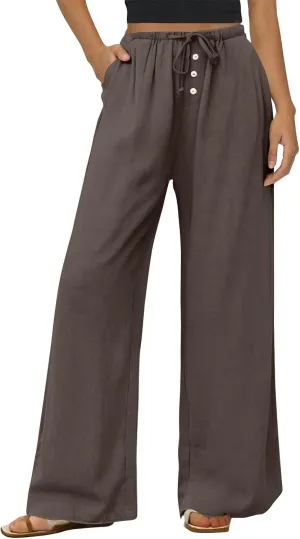 Palazzo Pants for Women Dressy Linen High Waisted Summer Loose Pants Drawstring Button Down Pocket Solid Baggy Trouser
