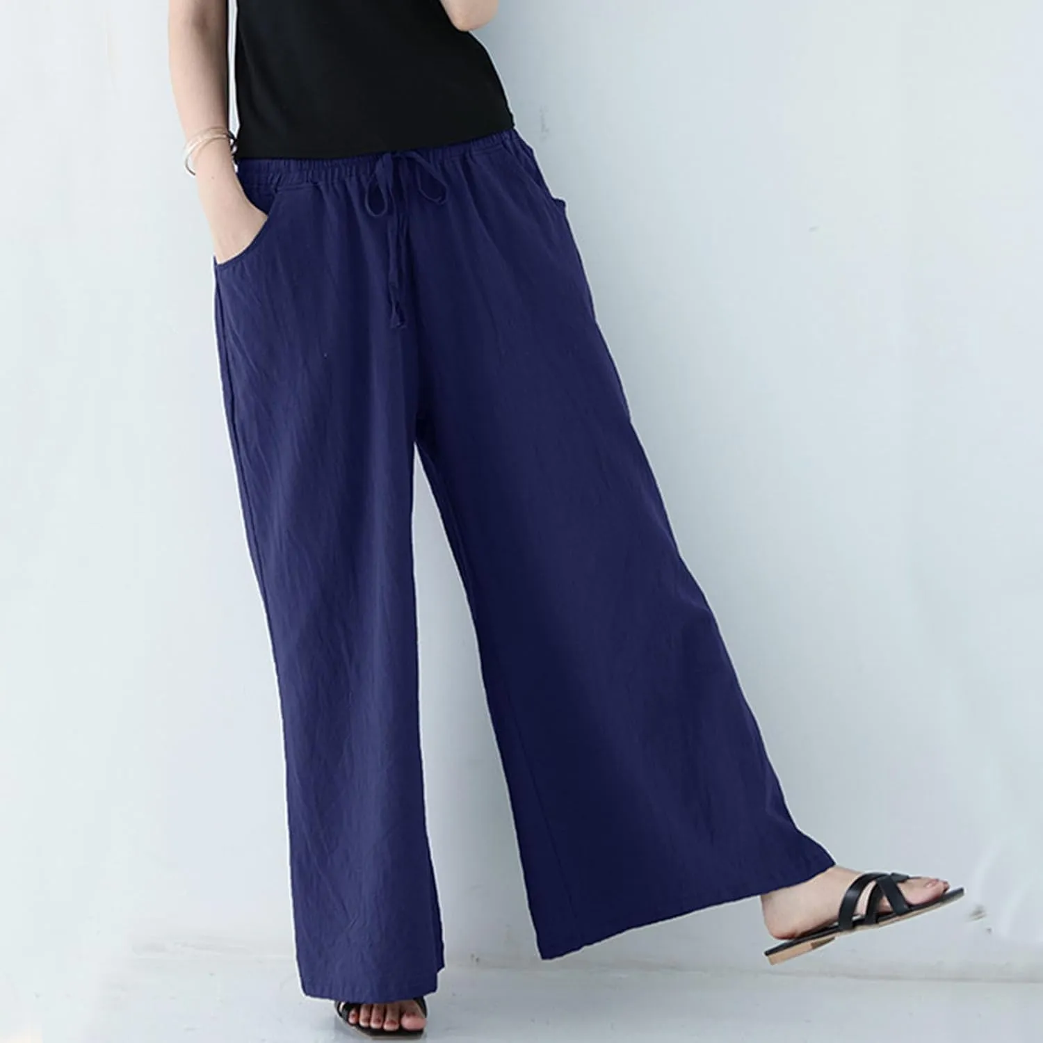 Plus Size Pants for Women, Casual Wide Leg High Waisted Trouser, Breathable & Comfortable Cotton Linen Blend Pants