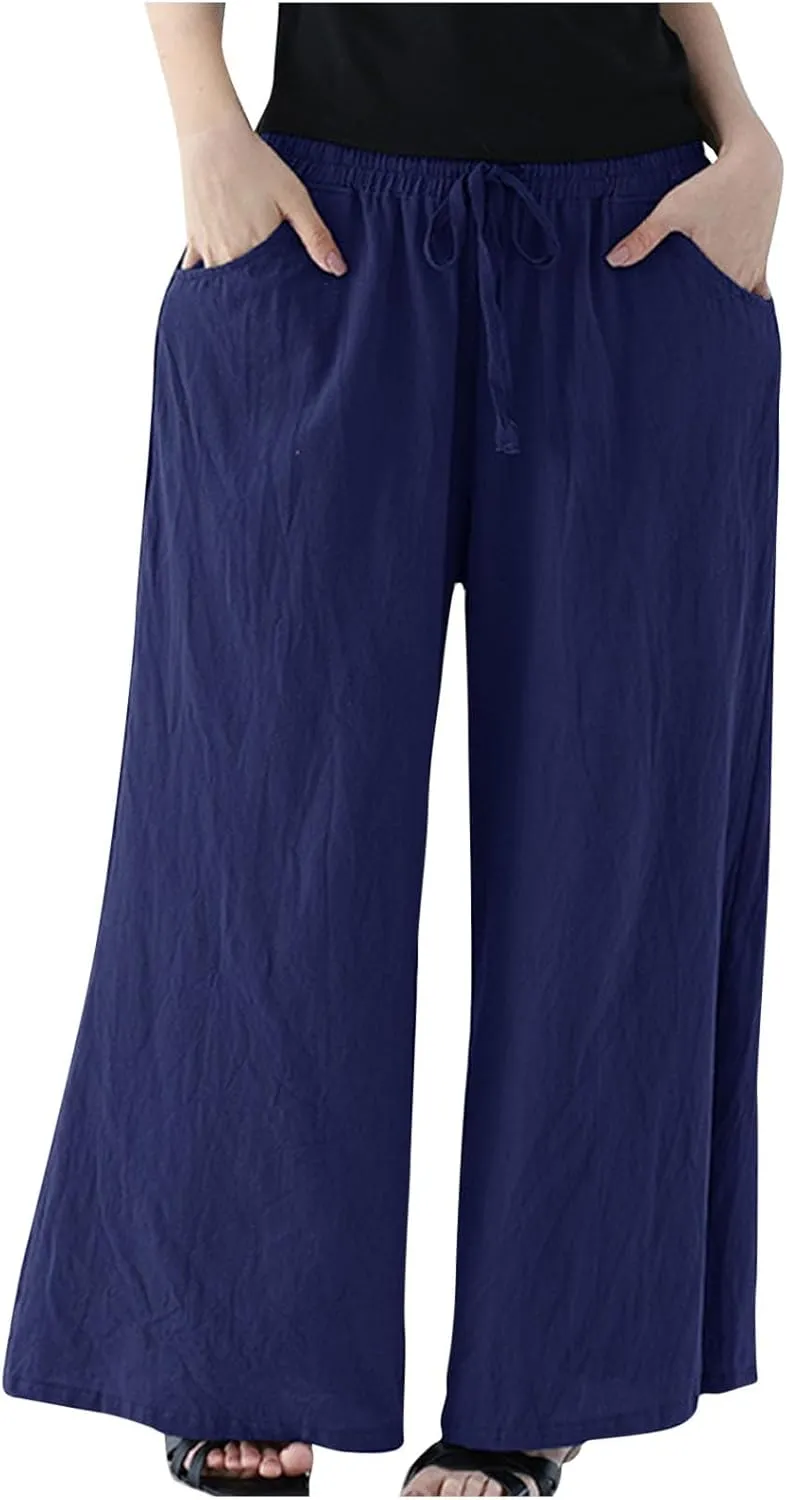 Plus Size Pants for Women, Casual Wide Leg High Waisted Trouser, Breathable & Comfortable Cotton Linen Blend Pants