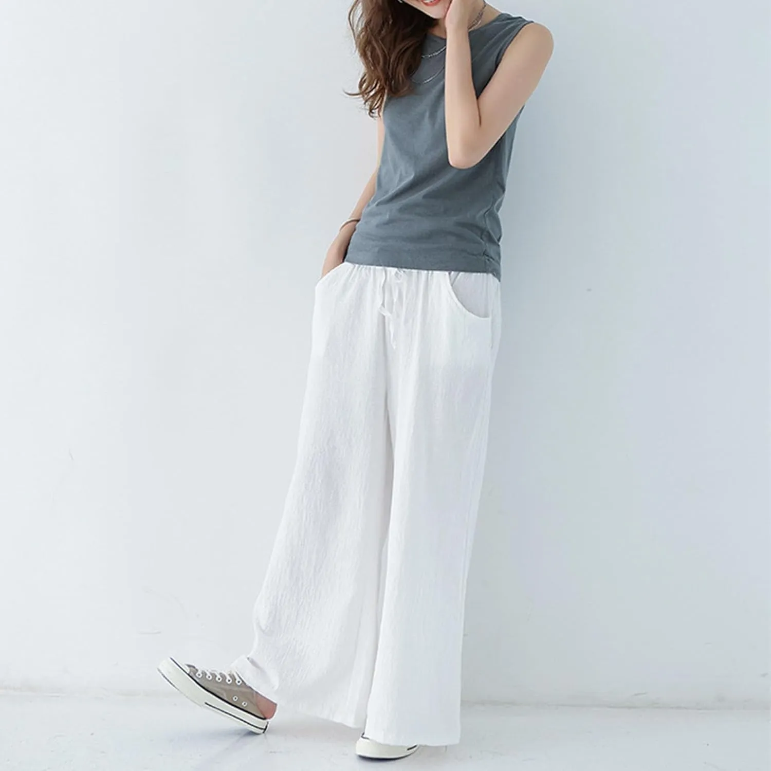 Plus Size Pants for Women, Casual Wide Leg High Waisted Trouser, Breathable & Comfortable Cotton Linen Blend Pants