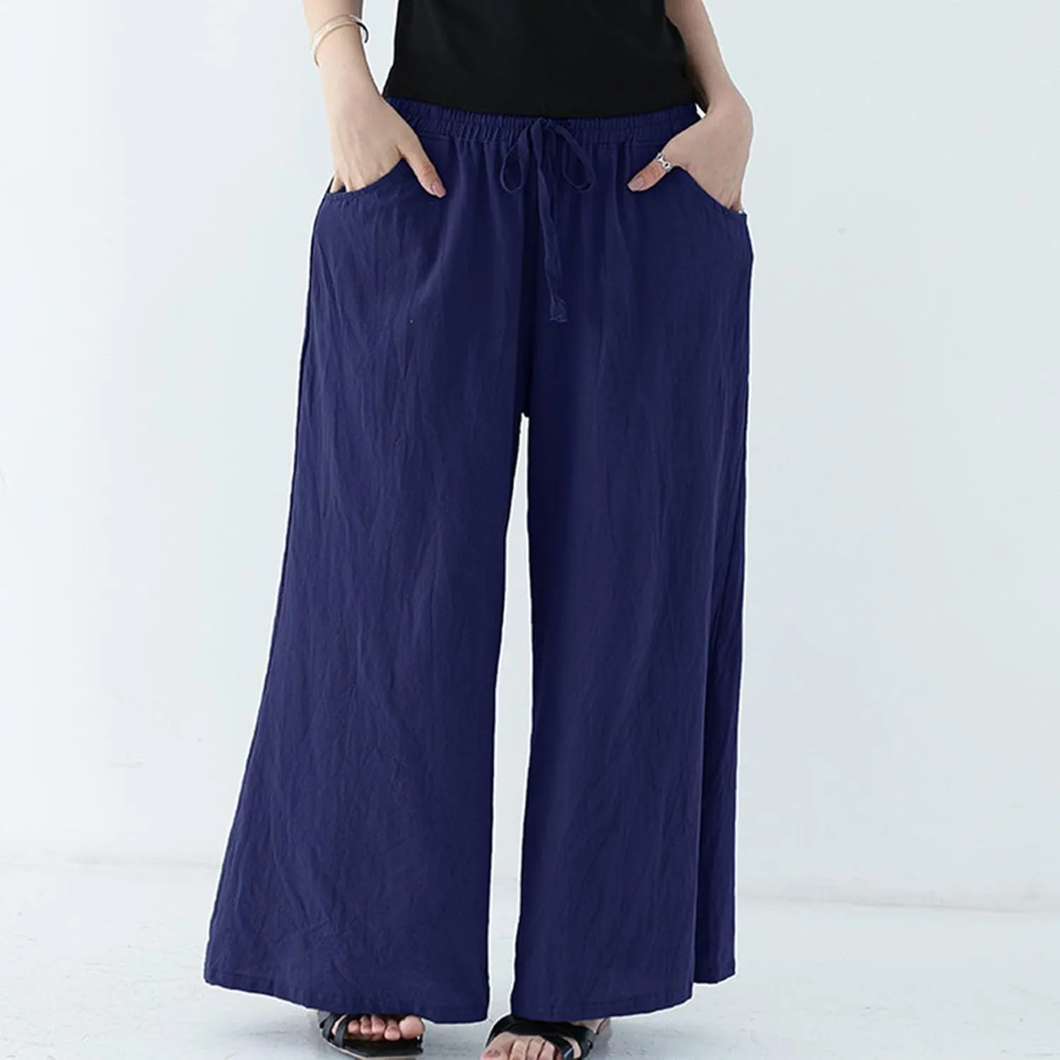 Plus Size Pants for Women, Casual Wide Leg High Waisted Trouser, Breathable & Comfortable Cotton Linen Blend Pants