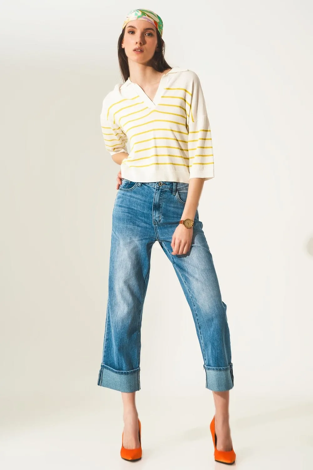 Roll Hem Jeans In Mid Blue