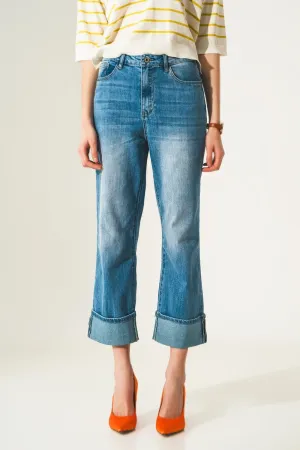 Roll Hem Jeans In Mid Blue
