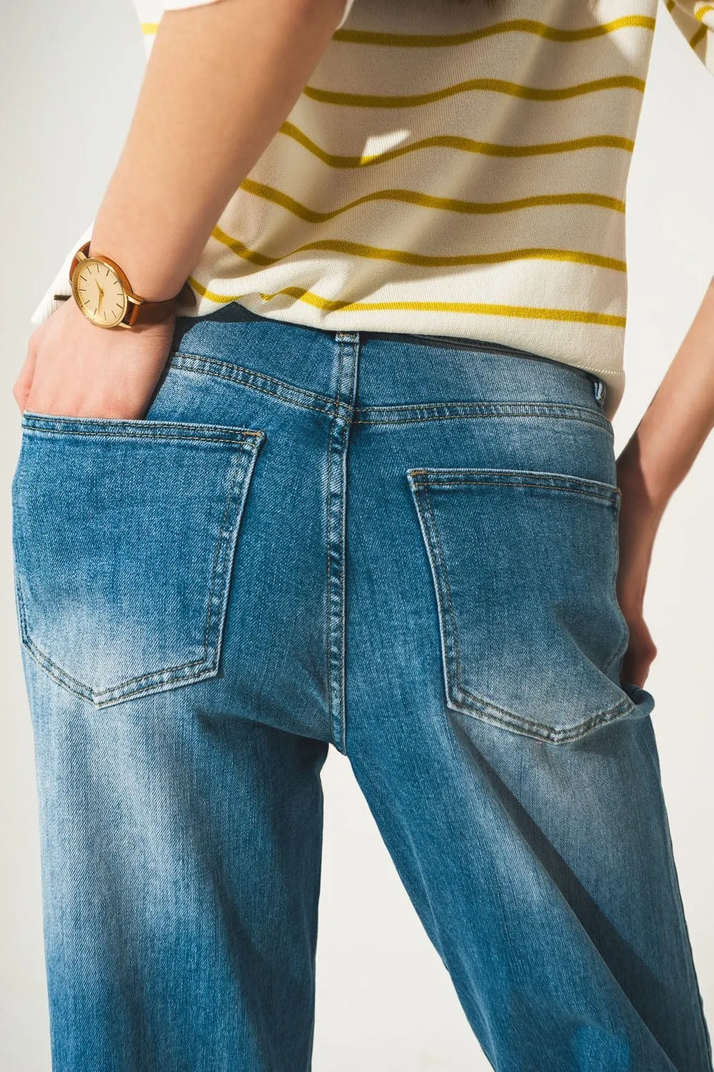 Roll Hem Jeans In Mid Blue
