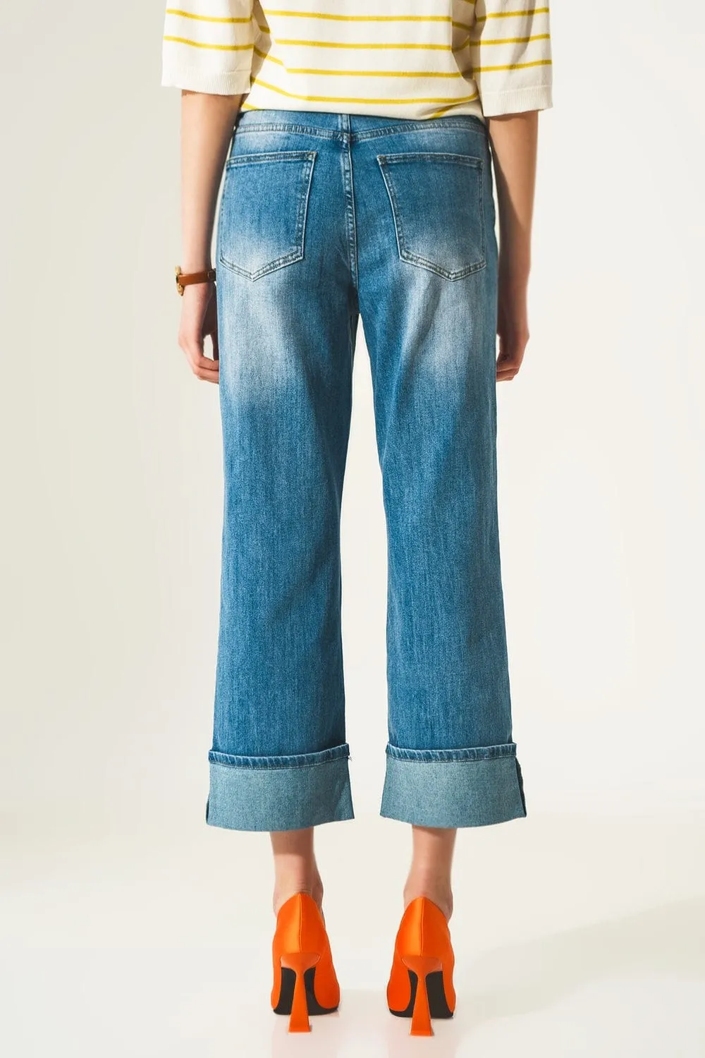 Roll Hem Jeans In Mid Blue