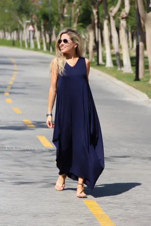 Sleeveless V-Neck Cotton Maxi Dress - Navy