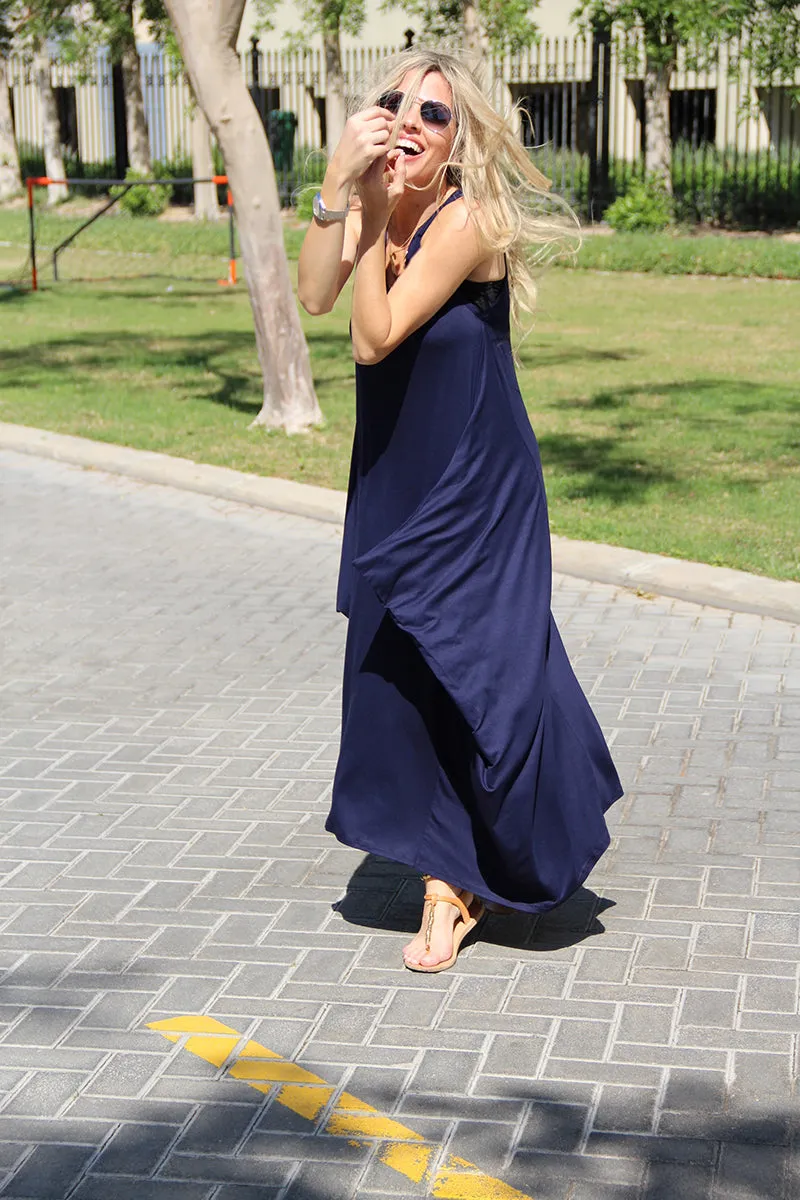 Sleeveless V-Neck Cotton Maxi Dress - Navy