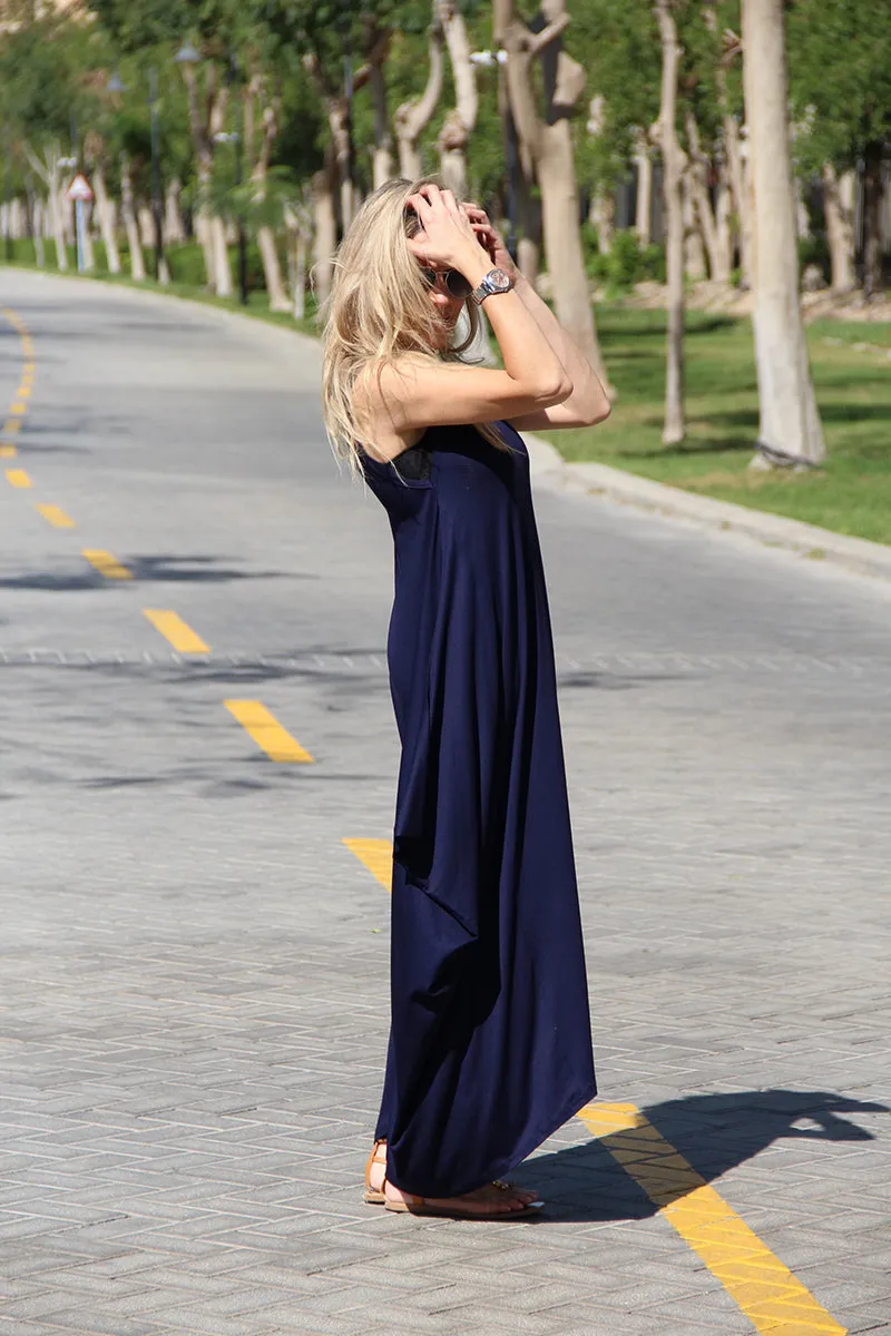 Sleeveless V-Neck Cotton Maxi Dress - Navy