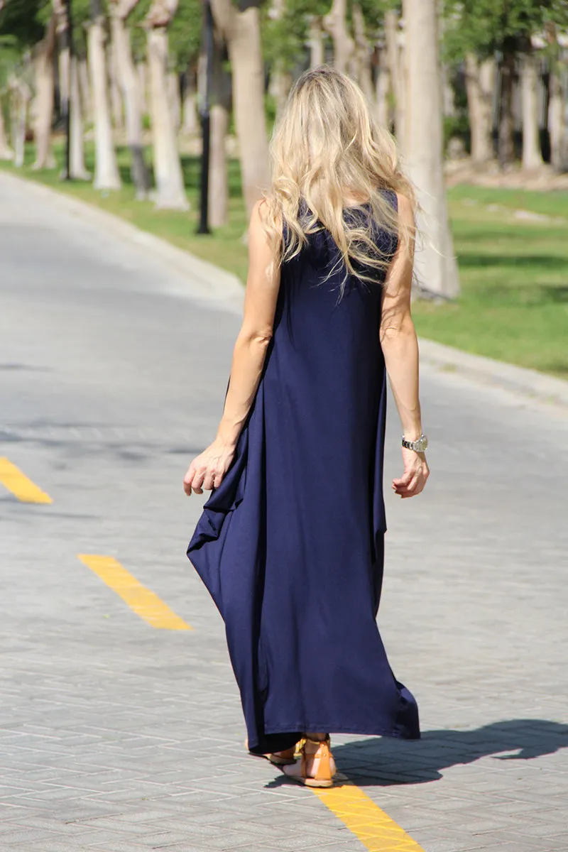 Sleeveless V-Neck Cotton Maxi Dress - Navy