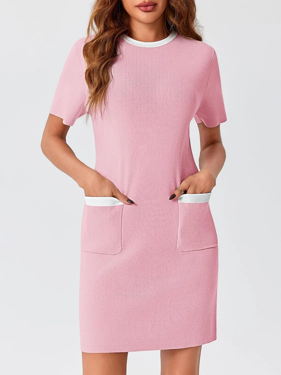 Wenrine Womens Work Dress Business Casual Contrast Color Elegant Short Sleeve Knit Summer Mini Dress
