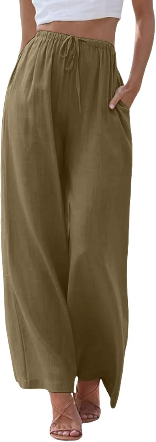 Wide Leg Cotton Linen Pants for Women Comfortable Fashion Flowy High Waisted Beach Palazzo Trousers with Pockets 2025 Summer