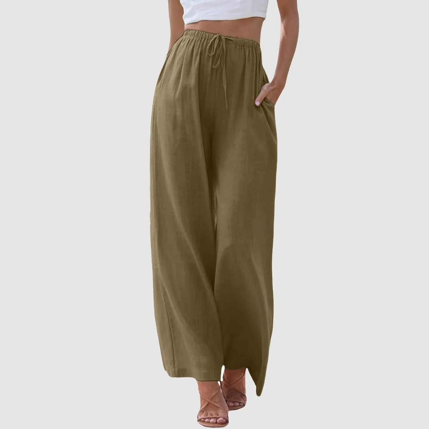 Wide Leg Cotton Linen Pants for Women Comfortable Fashion Flowy High Waisted Beach Palazzo Trousers with Pockets 2025 Summer