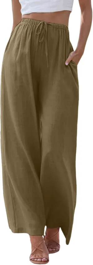 Wide Leg Cotton Linen Pants for Women Comfortable Fashion Flowy High Waisted Beach Palazzo Trousers with Pockets 2025 Summer