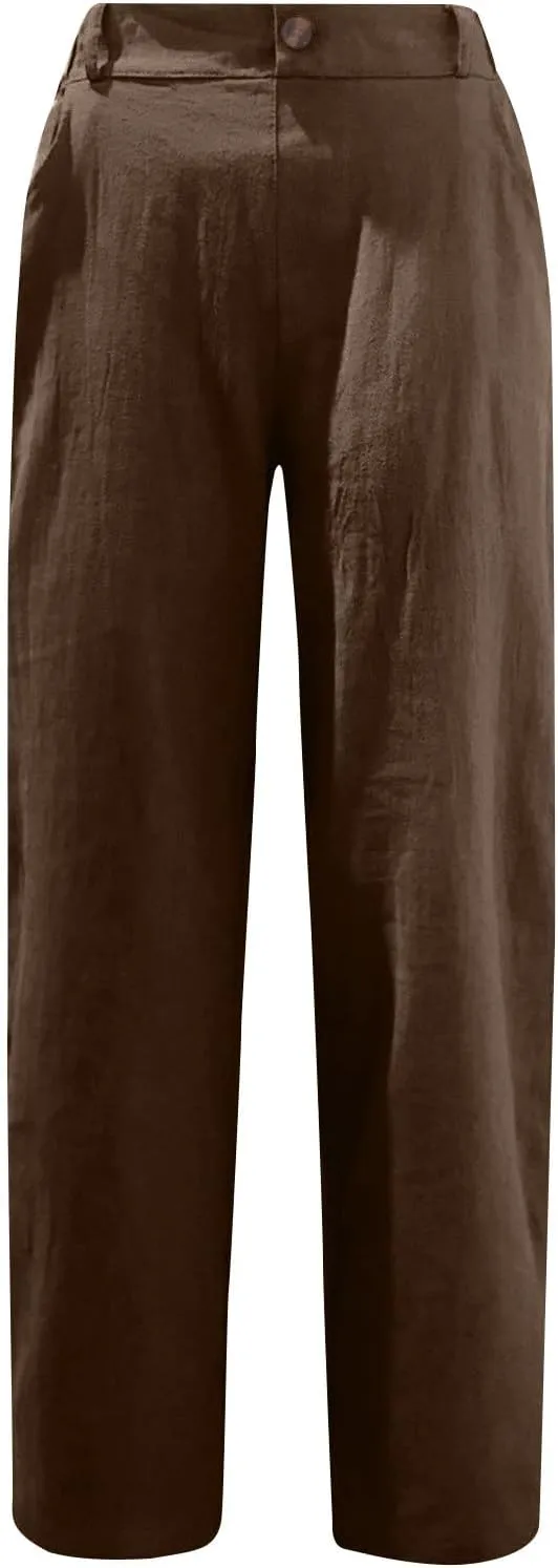 Women Cotton Linen Cropped Pants for Summer Pull on Elastic High Waisted Trouser Lightweight Dressy Outfit