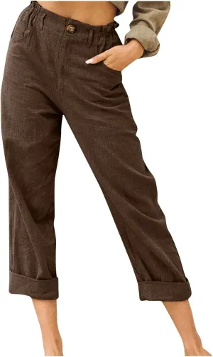 Women Cotton Linen Cropped Pants for Summer Pull on Elastic High Waisted Trouser Lightweight Dressy Outfit