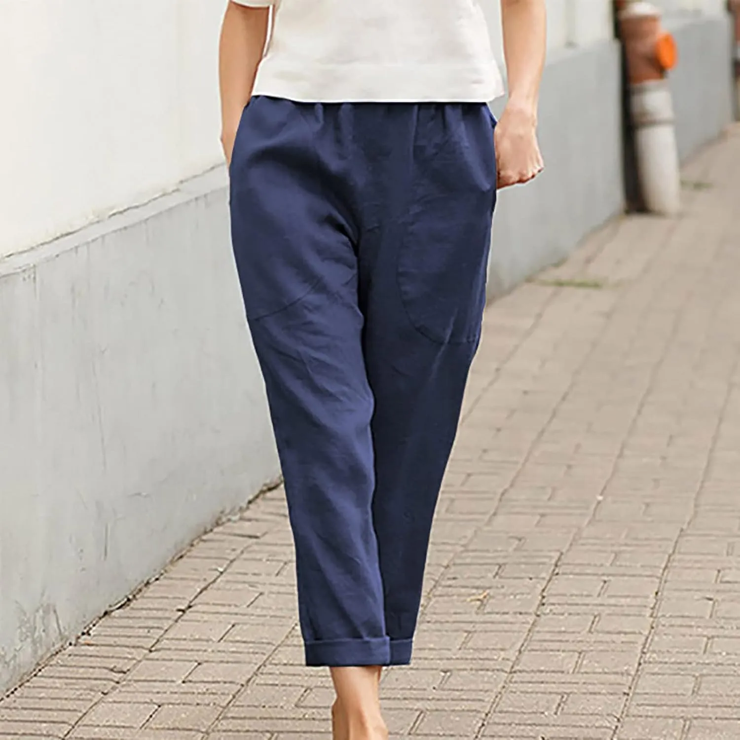 Women's Cotton Linen Pants Casual Summer Capris Elastic Waist Straight Wide Leg Loose Cropped Trousers with Pockets