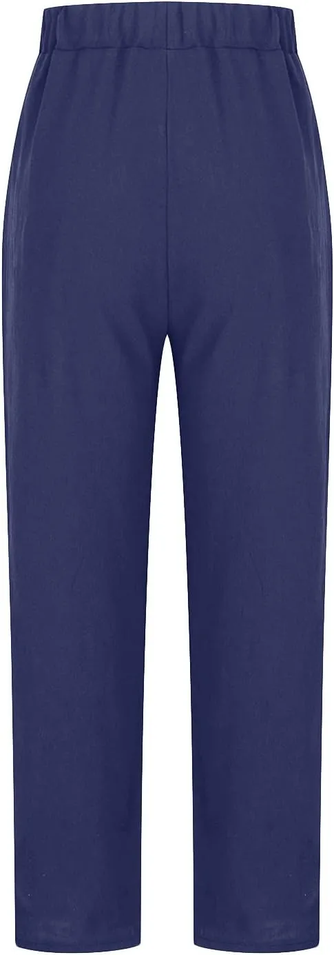 Women's Cotton Linen Pants Casual Summer Capris Elastic Waist Straight Wide Leg Loose Cropped Trousers with Pockets