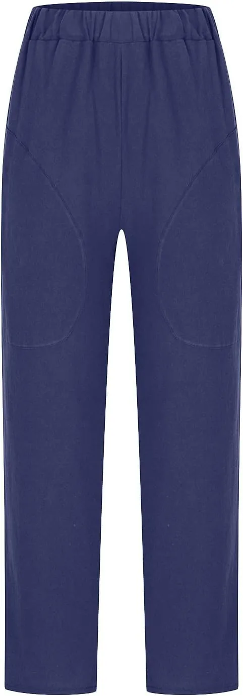 Women's Cotton Linen Pants Casual Summer Capris Elastic Waist Straight Wide Leg Loose Cropped Trousers with Pockets