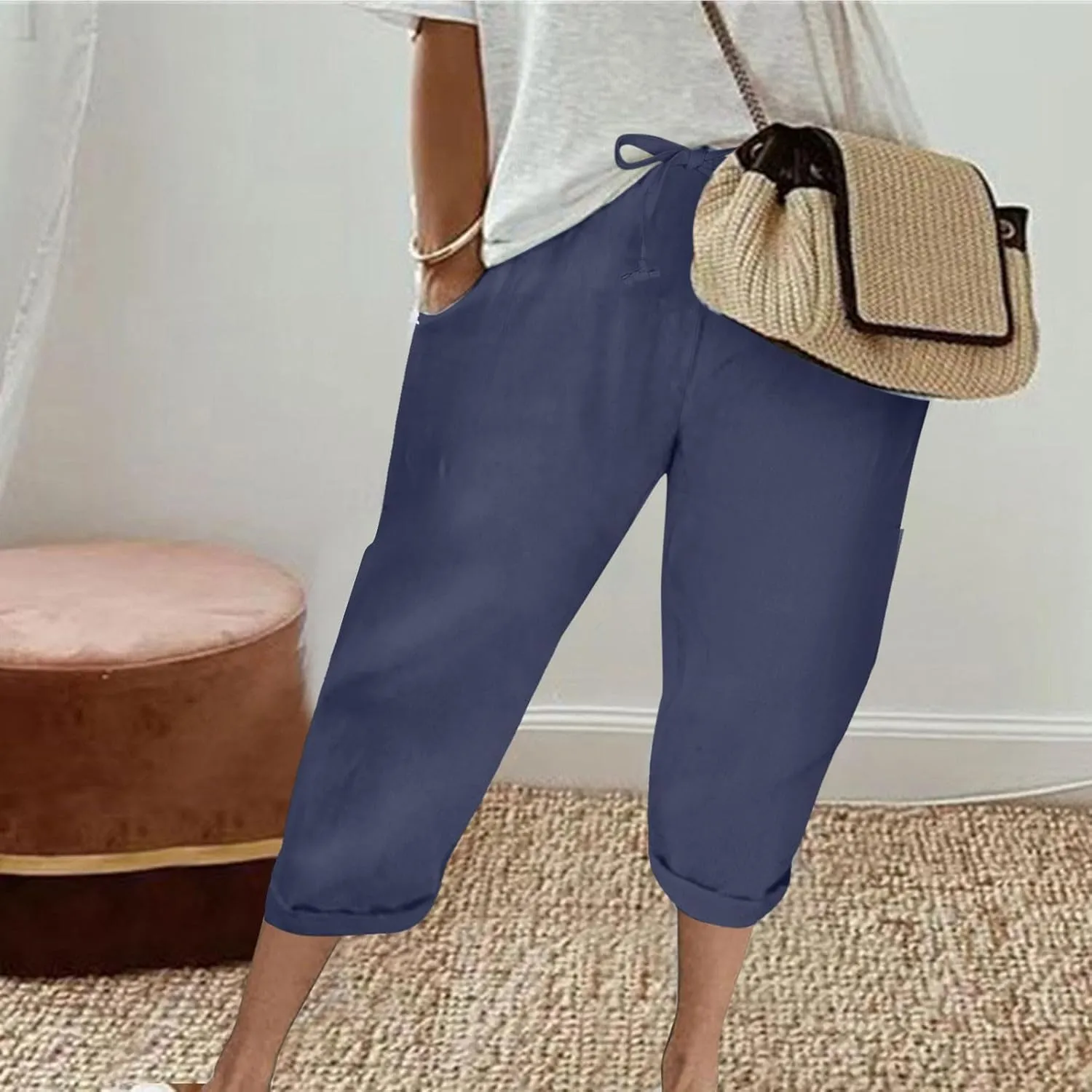 Women's Cotton Linen Pants Chic Drawstring Waist Cropped Harem Pant with Side Pockets Casual Summer Outfits Trousers