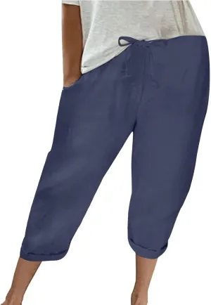 Women's Cotton Linen Pants Chic Drawstring Waist Cropped Harem Pant with Side Pockets Casual Summer Outfits Trousers