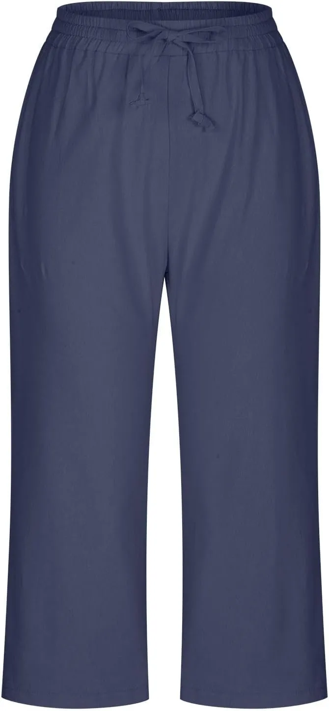 Women's Cotton Linen Pants Chic Drawstring Waist Cropped Harem Pant with Side Pockets Casual Summer Outfits Trousers