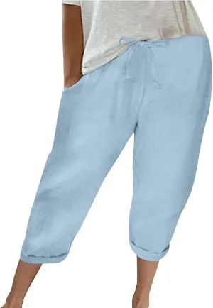 Women's Cotton Linen Pants Chic Drawstring Waist Cropped Harem Pant with Side Pockets Casual Summer Outfits Trousers